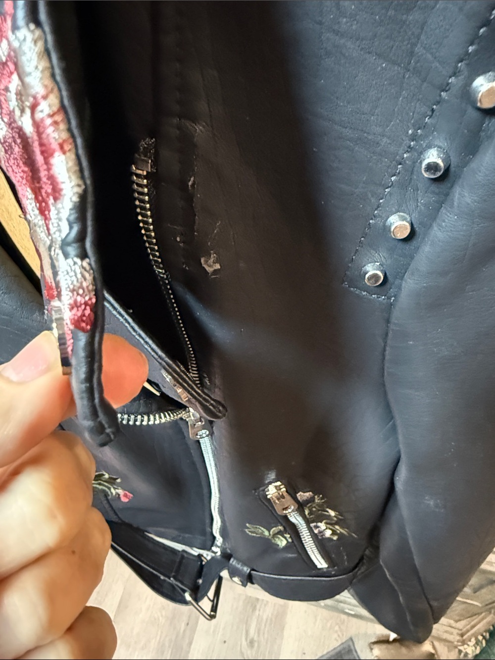 DRIFTWOOD Black Embroidered Floral Moto Jacket with Studs - Picture 4 of 5